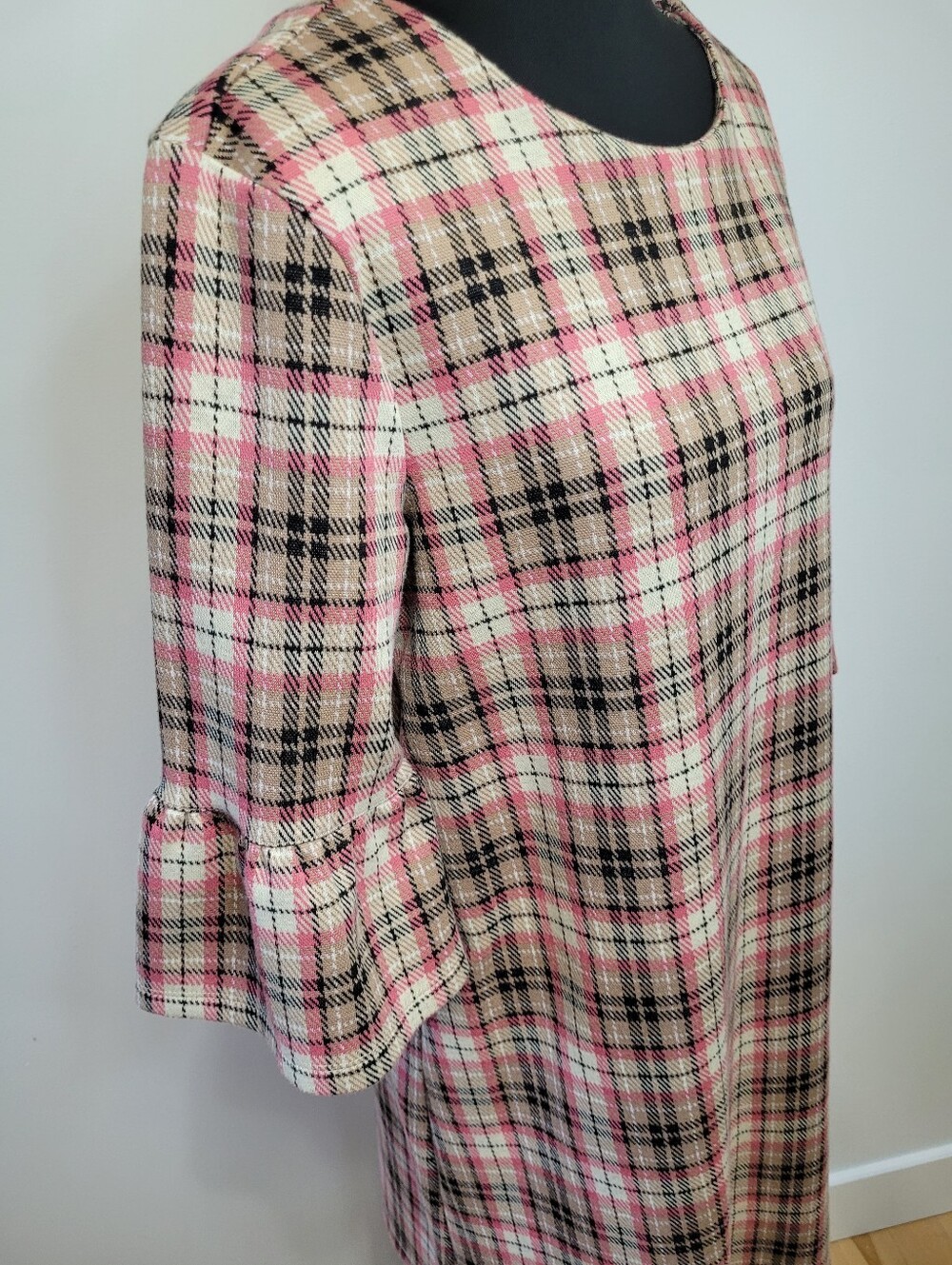 🍂 Twik Simons Pink Plaid Bell Sleeve Shift Dress Size L - EUC